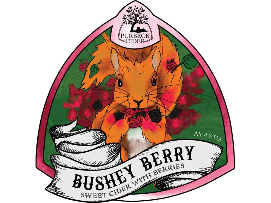 The Purbeck Cider Company's Bushey Berry Cider. Sweet cider infused with autumn berries. An expertly balanced cider with a punchy apple flavour and British berry kick. ABV 4%